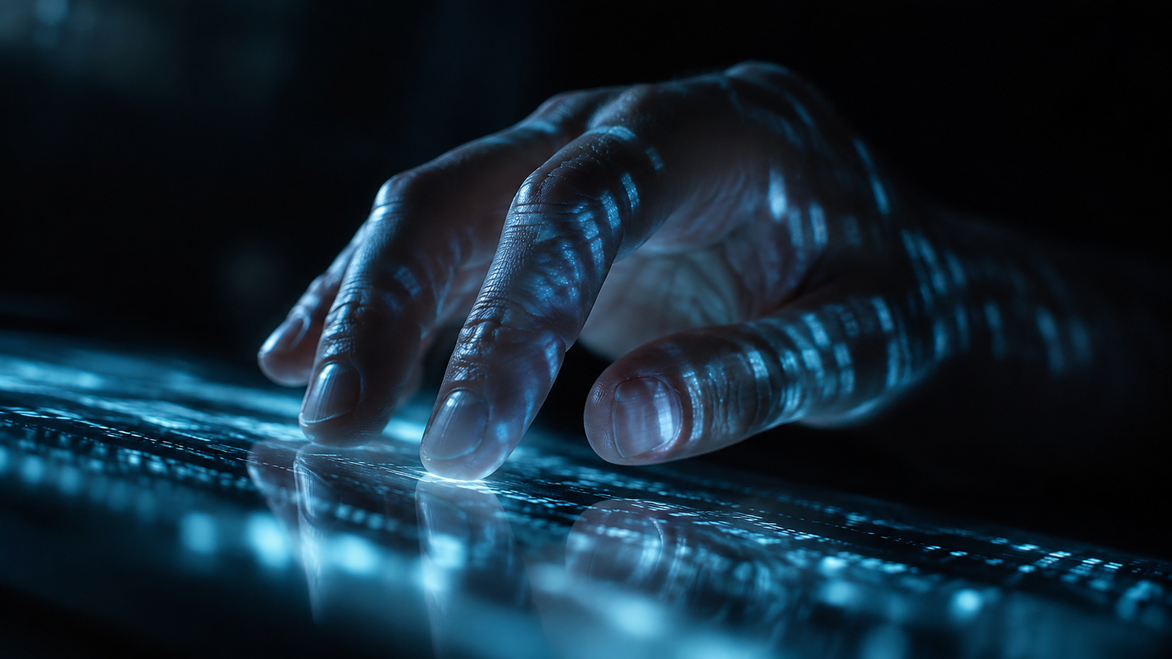 Mano illuminata da uno schermo con riflessi digitali, copertina di Codici Sulla Pelle di Luigi Litti